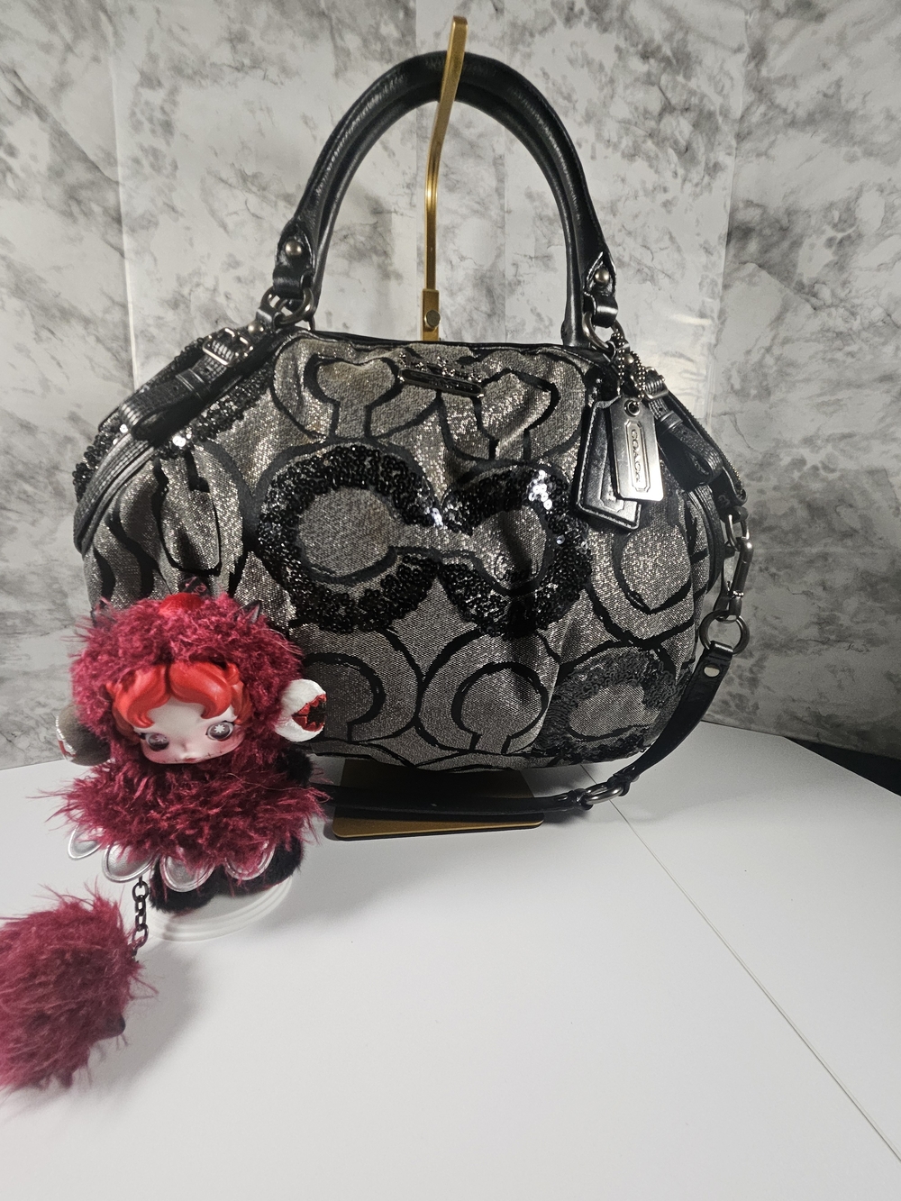 Coach Black and Silver Glitter Shoulder Bag with Signature Pattern